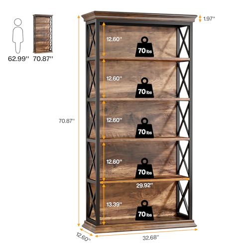 6-Tier Industrial Bookcase, 71 Inches Tall, Floor Standing Storage Shelves for Home Office, Brown and Black V7912