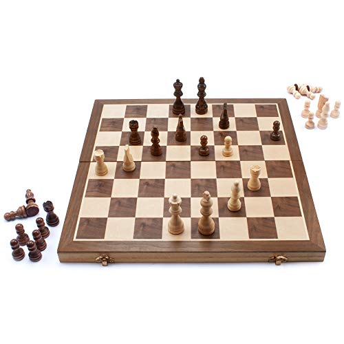 16" 3-in-1 Wooden Folding Chess, Checker & Backgammon Board Game Set L259
