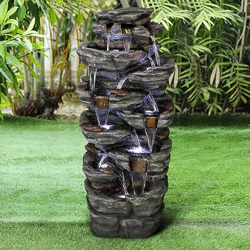 Large Outdoor Water Fountain - 47" H 9-Tier with LED Light, Resin Waterfall for Patio Garden Decor O9007