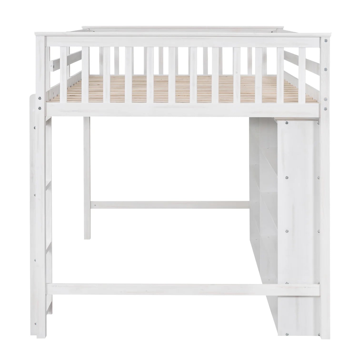Wood Full Size Loft Bed with 8 Open Storage Shelves and Built-in Bookcase, White U209714