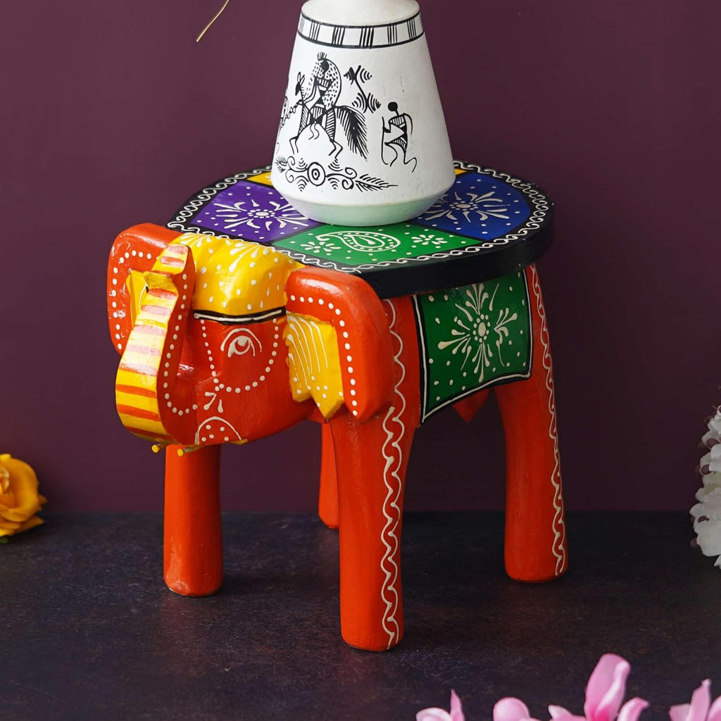 Handcrafted Painted Wooden Elephant Stool Table, Medium F6590