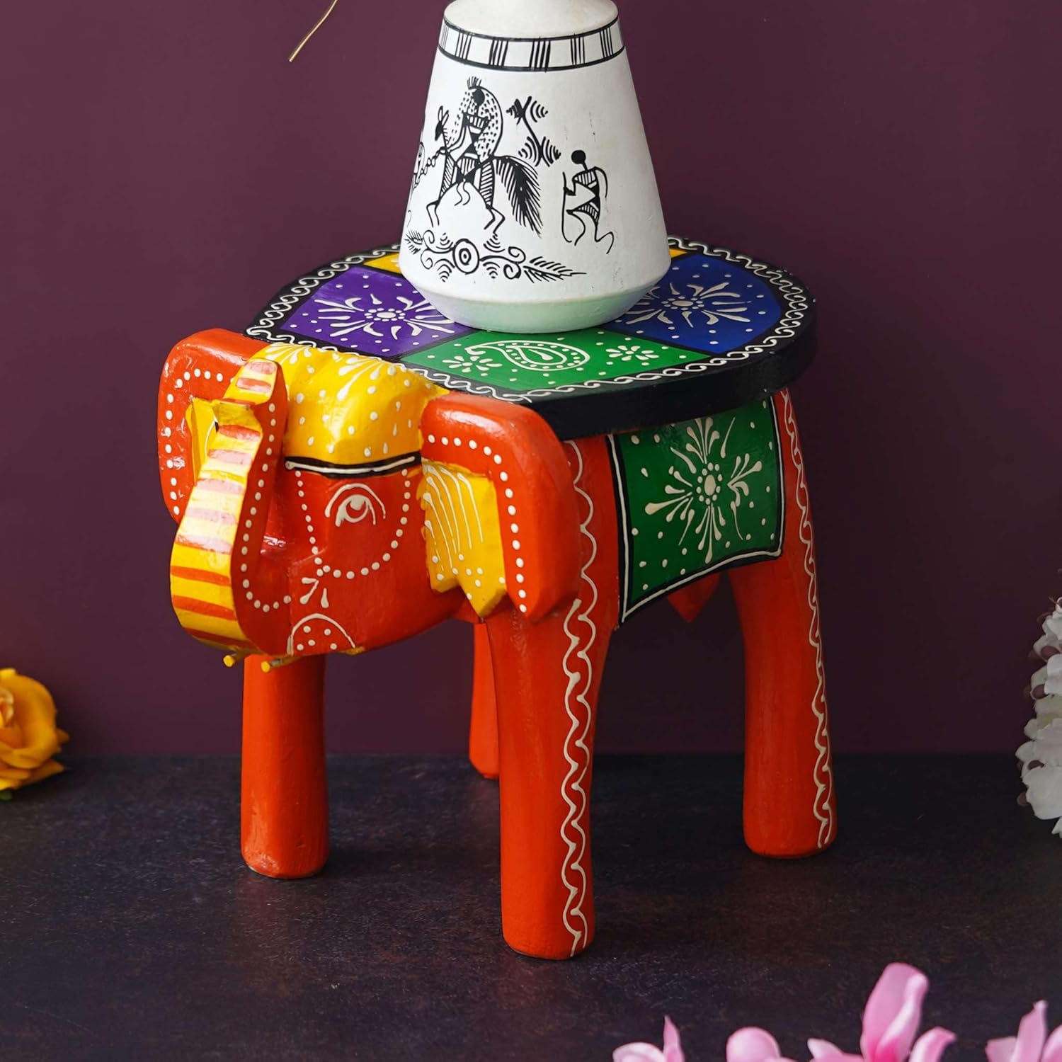 Handcrafted Painted Wooden Elephant Stool Table, Medium F6590
