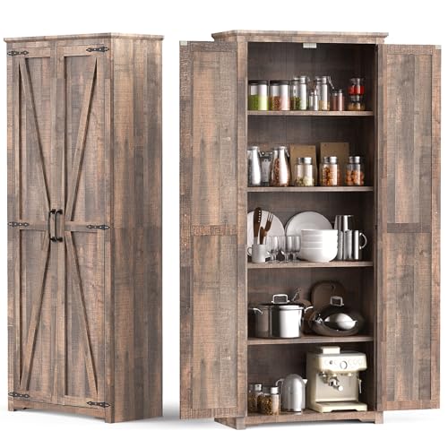 Farmhouse Pantry Cabinet with 6 Shelves and Barn Doors, Brown K34379