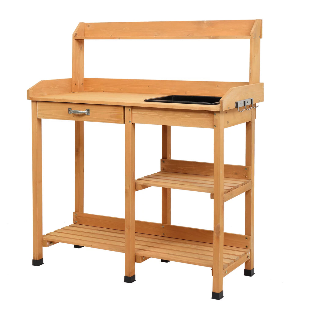 Wooden Potting Bench with Sink, Hooks and Storage Shelf Q510378