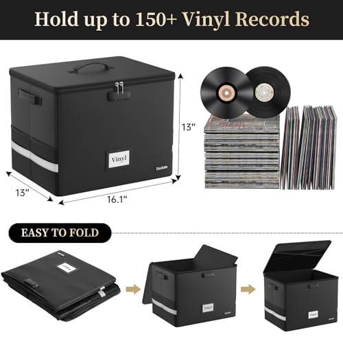 Vinyl Record Storage Box with Lock, Fireproof & Water Resistant, Holds 100+ 12-Inch Records H505