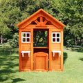 Outdoor Playhouse for Age 3-6 Years Boys Girls, Wood Cottage Playhouse with Door Windows Flowerpot Holders & Serving Station, Boys Girls Wood Cottage Play House for Outdoor Garden Lawn Patio Yard