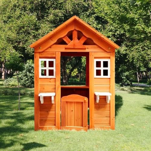 Outdoor Playhouse for Age 3-6 Years Boys Girls, Wood Cottage Playhouse with Door Windows Flowerpot Holders & Serving Station, Boys Girls Wood Cottage Play House for Outdoor Garden Lawn Patio Yard