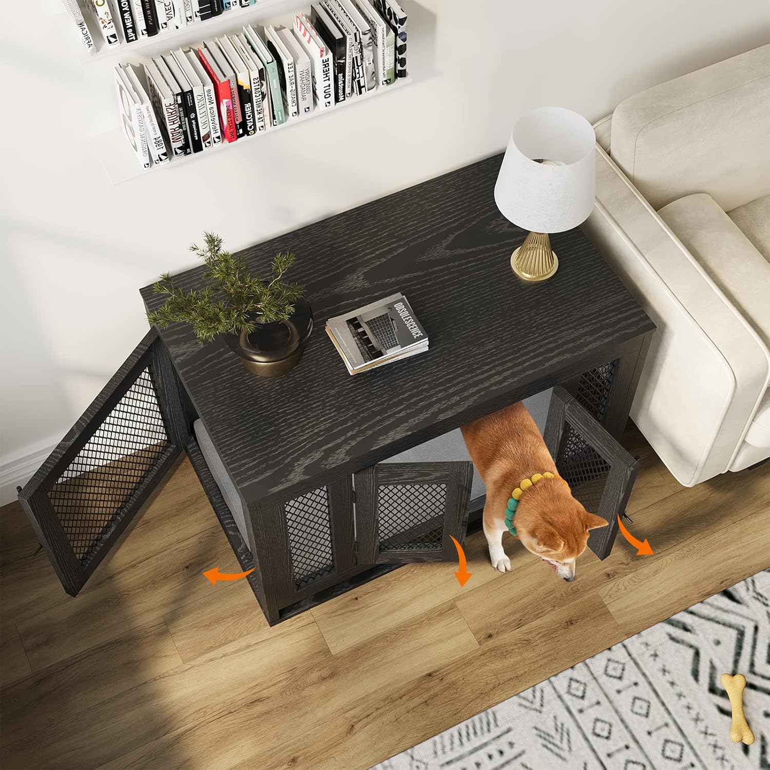 Wooden Dog Crate with Tray and Cushion, Double Doors Indoor Kennel for Small Medium Dogs T970