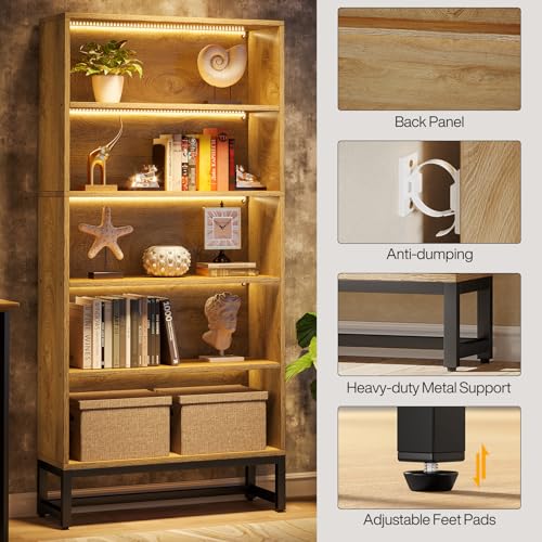 Tall Bookcase with LED Lights, 5-Tier Storage Shelves T8450