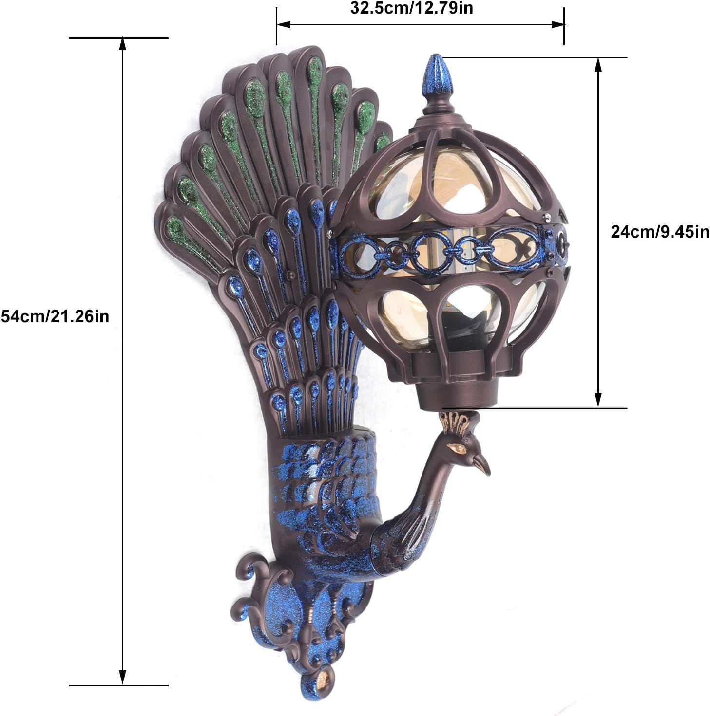 Peacock Wall Light Sconces, Metal and Glass Stained LED Antique Wall Lamp X6540