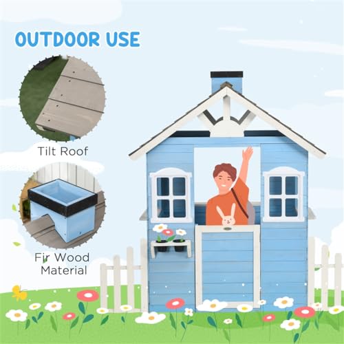 Wooden Playhouse for Kids with Bench, Door, Windows and Shelf F422
