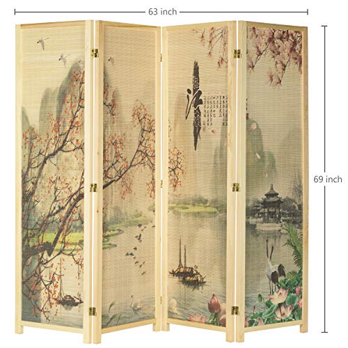 4-Panel Folding Bamboo Room Divider with Cherry Blossom Scene B61114