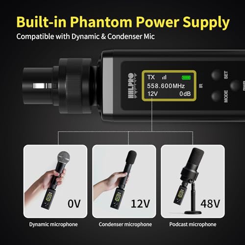 UHF Wireless XLR Transmitter and Receiver with Dual Antennas, 470ft Range, Plug-on Mic Adapter J8486