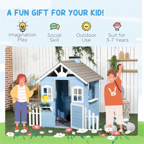 Wooden Playhouse for Kids with Bench, Door, Windows and Shelf F422