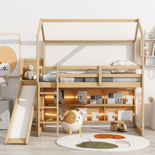 Wood House Loft Bed Frame with Slide and Storage Shelves Z806