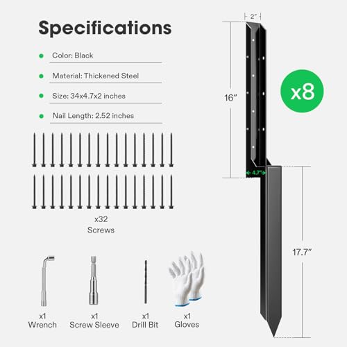 Fence Post Repair Kit, Heavy-Duty Ground Spike with Gloves, 4 Pack, Black N551196