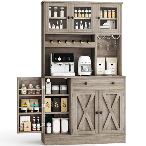 Kitchen Pantry Cabinet with Wine Rack & Power Outlet, 71" H Tall Storage Cabinet with Doors and Shelves W56221