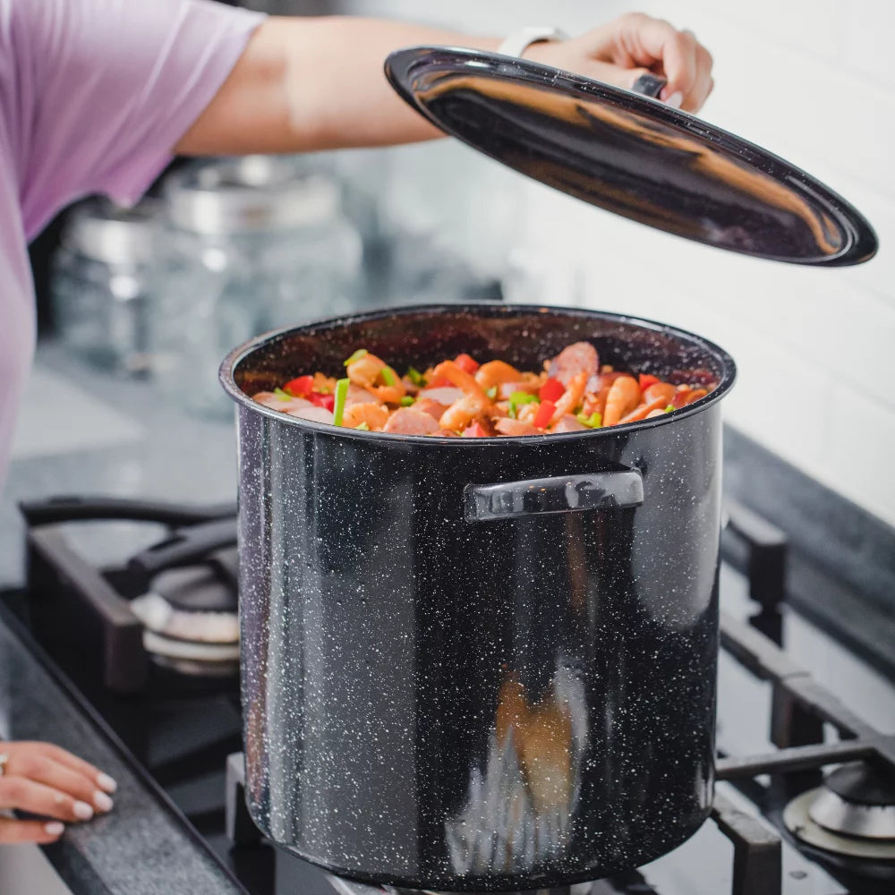 Enamelware 15.5 Qt Stock Pot with Lid, Speckled Black C31981
