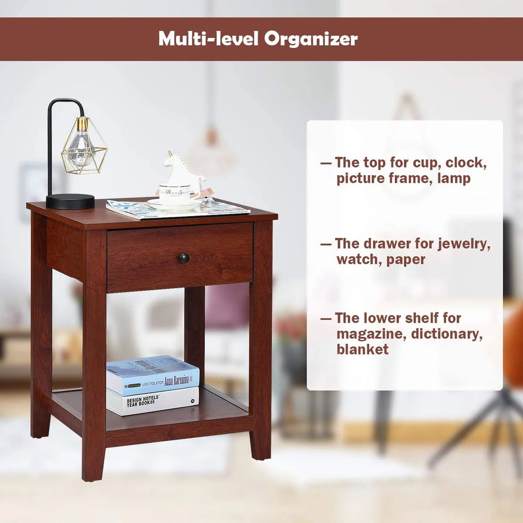 Wooden 2-Tier End Table with Drawer and Storage Shelf Q1759