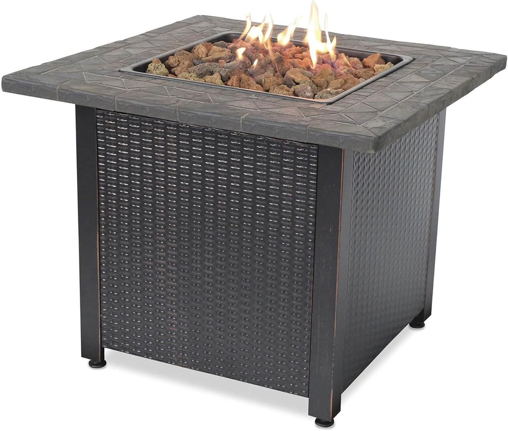 Endless Summer 30 Inch Square 30,000 BTU LP Gas Outdoor Fire Pit Table with Mosaic Resin Mantel, Steel Wicker Design Base, and Lava Rock, Black