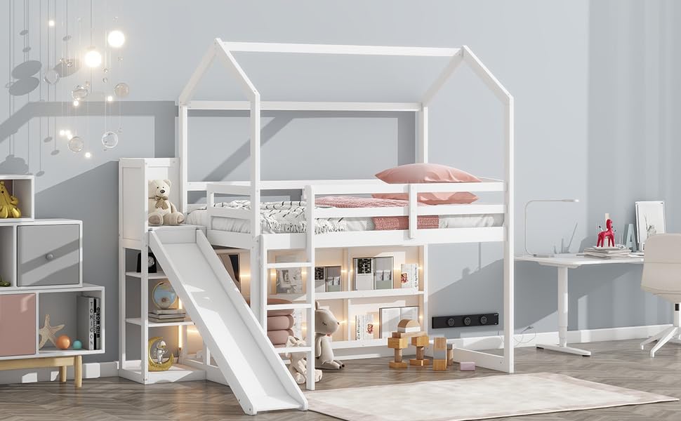 Wood House Loft Bed Frame with Slide and Storage Shelves Z806