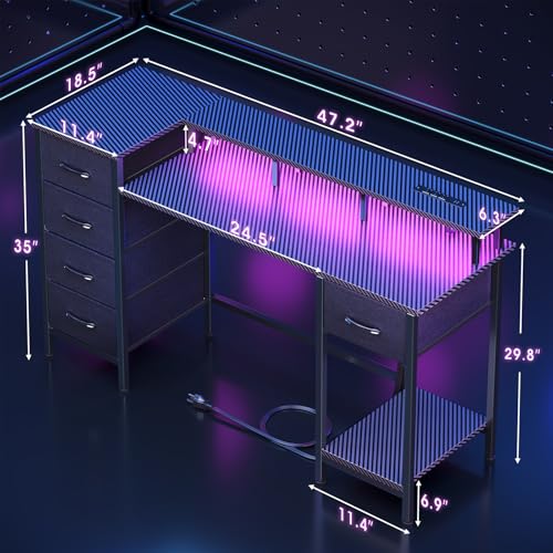 47 Inch Computer Gaming Desk with Power Outlets LED Lights and Storage Drawers I77165