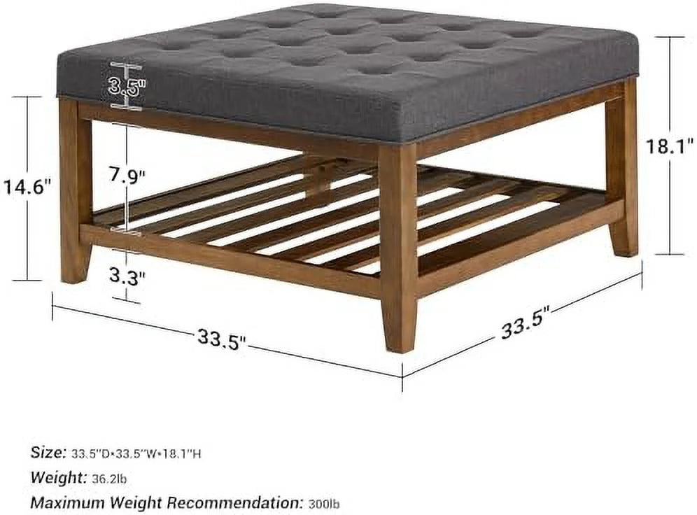 Square Ottoman Coffee Table with Button Tufted Upholstered Linen for Living Room N173