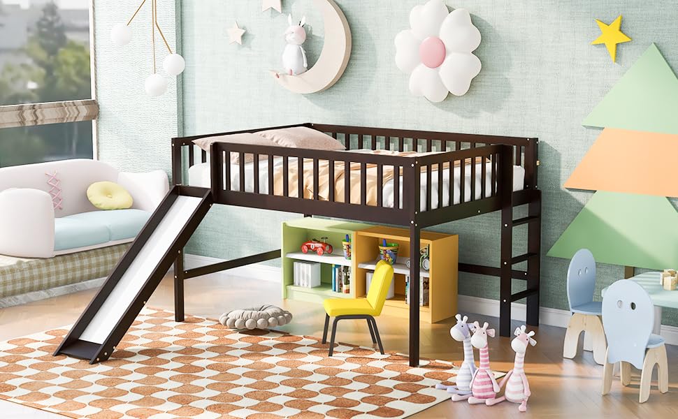 Wood House Loft Bed Frame with Slide and Storage Shelves Z806