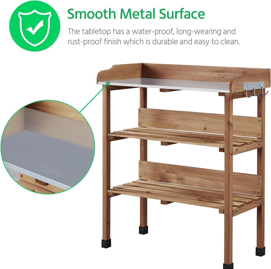 Wooden Potting Bench Table with Metal Tabletop and Storage Shelf A212159