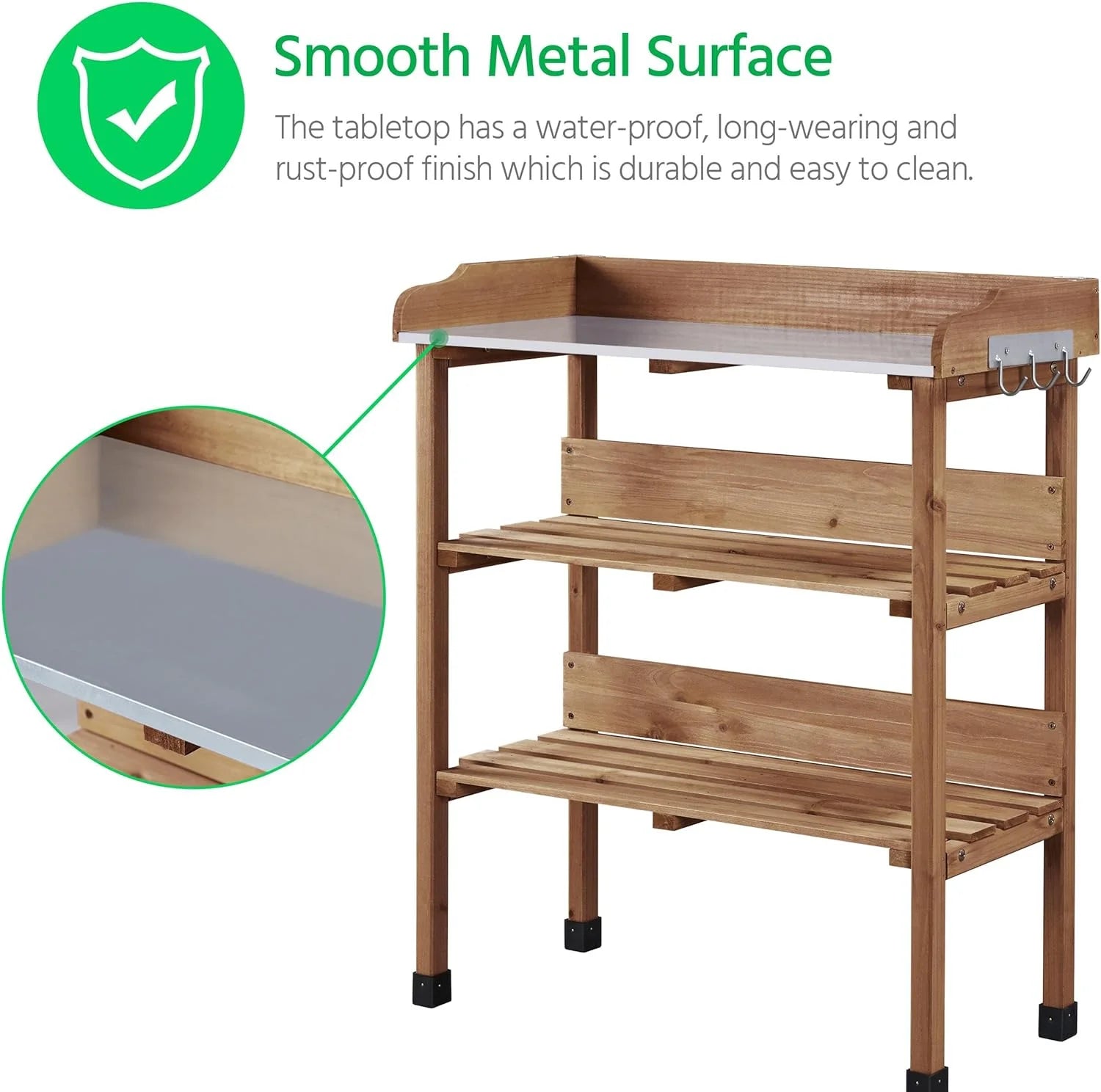 Wooden Potting Bench Table with Metal Tabletop and Storage Shelf A212159