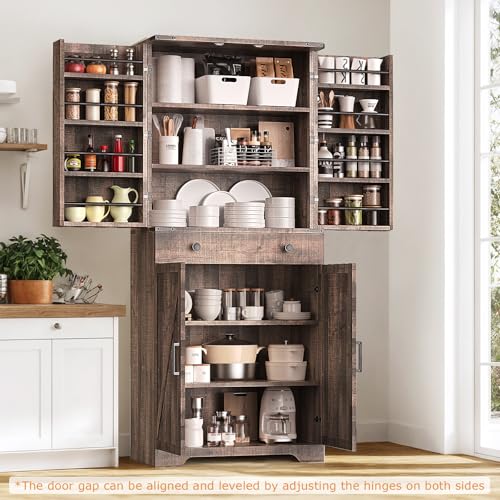 Farmhouse Pantry Cabinet with 6 Shelves and Barn Doors, Brown K34379