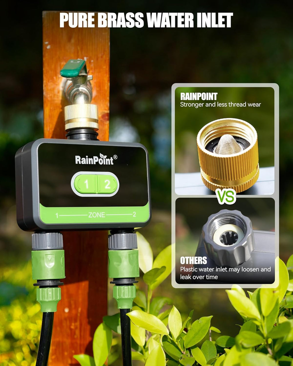 Smart Water Timer for Garden Hose with Brass Inlet, Bluetooth Sprinkler Timer 2 Outlet K28082