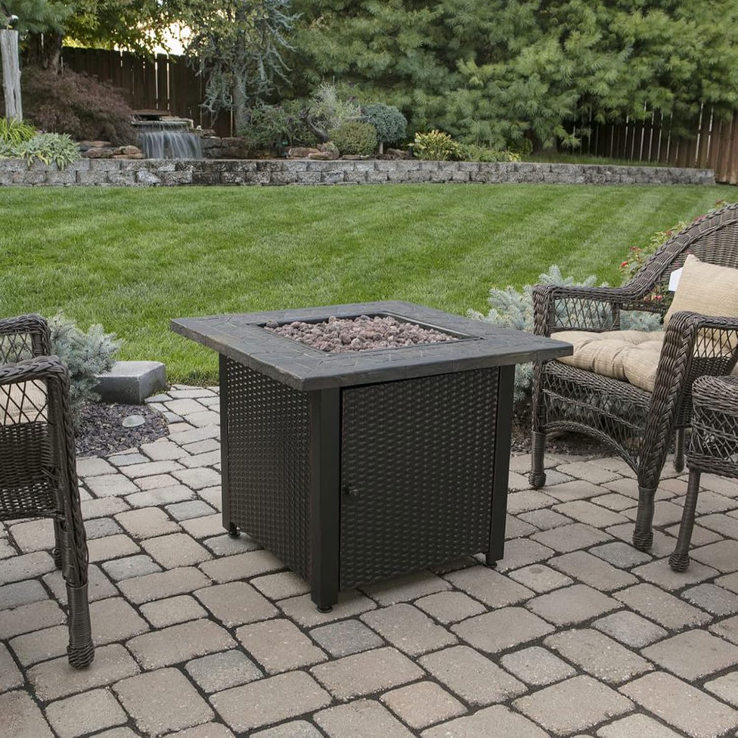 30 Inch Square 30,000 BTU LP Gas Outdoor Fire Pit Table with Mosaic Resin Mantel and Lava Rock F73658