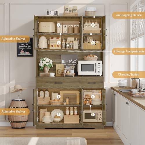 71" Tall Pantry Cabinet with Charging Station and Microwave Stand L63097