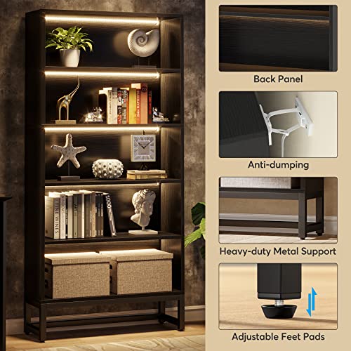 Tall Bookcase with LED Lights, 5-Tier Storage Shelves T8450