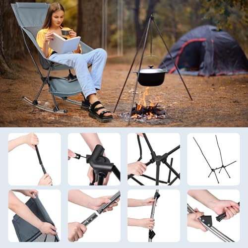 Folding Rocking Camping Chair, Portable Heavy Duty Outdoor, Supports 253lbs C2202
