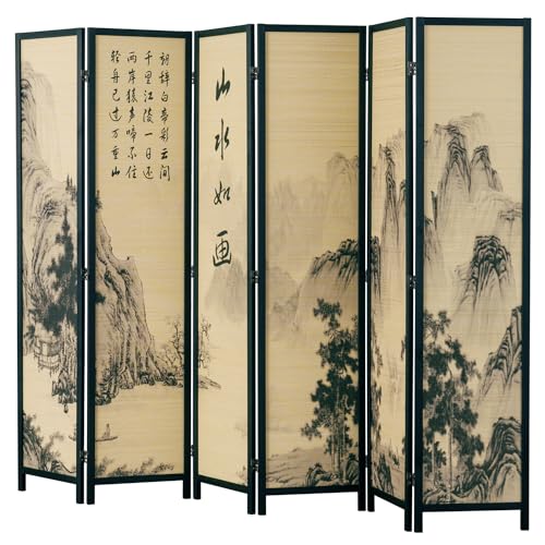 4-Panel Folding Bamboo Room Divider with Cherry Blossom Scene B61114
