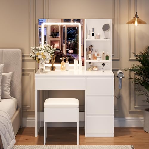 Vanity Desk with Mirror and Lights, 4 Drawers and Storage Stool D711