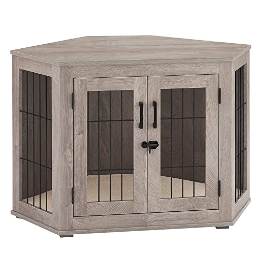 beeNbkks Furniture Dog Crate Corner, Dog Kennel Corner Wooden End Table with Cushion, Indoor Pet Crates Corner Side Table for Dogs, Wide Top Perfect for Limited Room(Large, Weathered Gray)