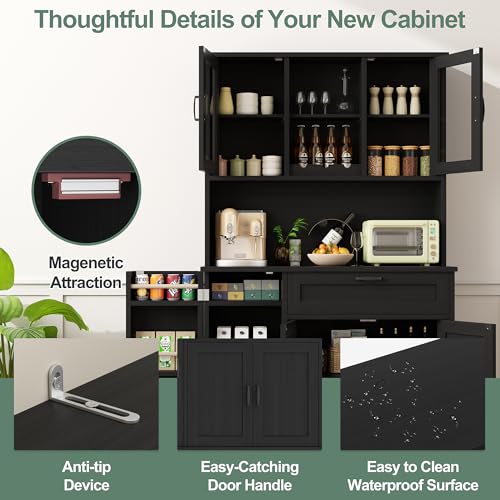 Freestanding Kitchen Pantry Cabinet with Microwave Stand, 4 Doors, Adjustable Shelves and Wine Rack C21265