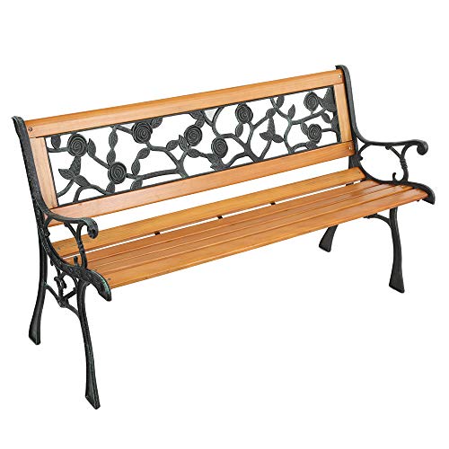 Outdoor Garden Bench, Antique Patio Bench with Cast Iron and Hardwood Frame, Weather Proof Porch Outdoor Loveseat with Rose Style Back for Backyard, Deck, Lawn