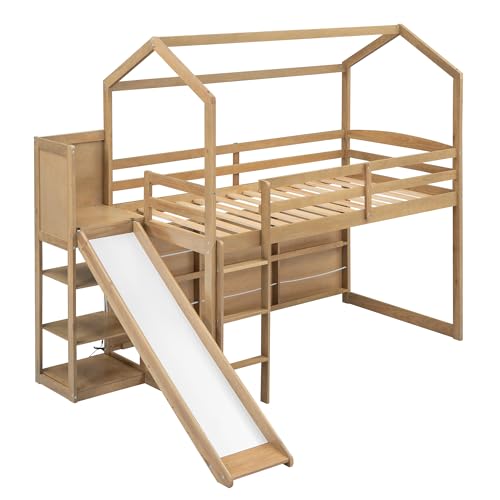 Wood House Loft Bed Frame with Slide and Storage Shelves Z806