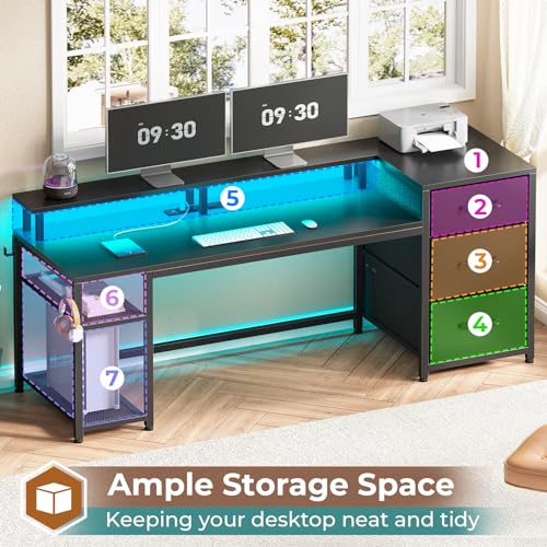 Office Desk with Drawers, Reversible Computer Desk with Storage, LED Lights & Power Outlet, Rustic Brown X65554