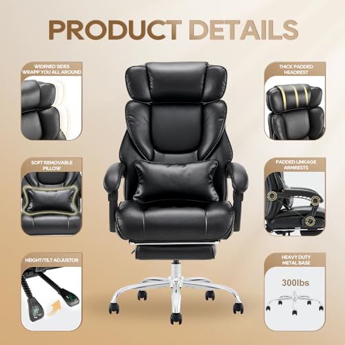 Big and Tall Office Chair Heavy Duty Leather Executive Desk Chair with Wide Seat and Adjustable Headrest R315