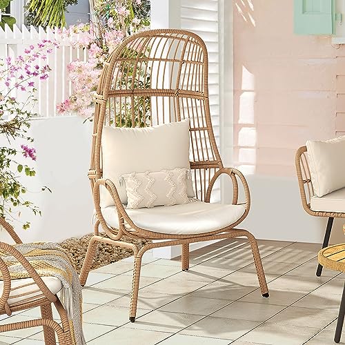 Outdoor Egg Chair with Stand and Cushion, Patio Rattan Basket Chair, Beige F352720