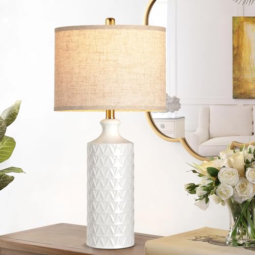 Farmhouse Ceramic Table Lamp Set of 2, 25" White Bedside Lamp with 3-Color LED Bulbs C7923