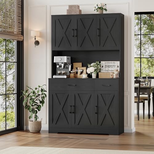 71" Tall Pantry Cabinet with Charging Station and Microwave Stand L63097
