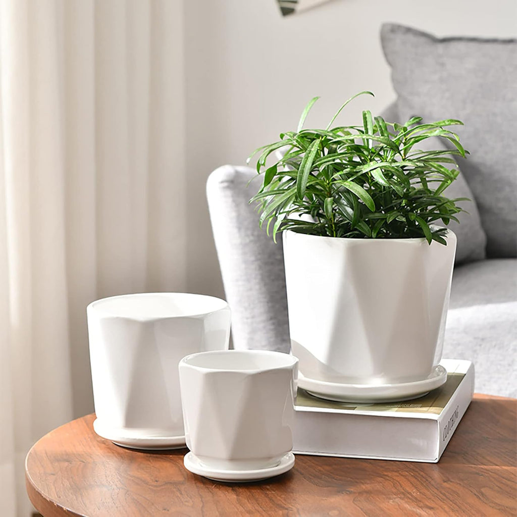 Ceramic Plant Pots with Saucer, Set of 3, Indoor Outdoor P840816