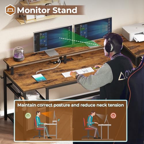 Office Desk with Drawers, Reversible Computer Desk with Storage, LED Lights & Power Outlet, Rustic Brown X65554