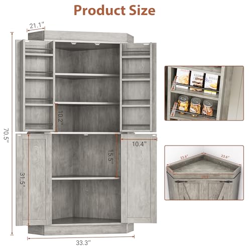 Corner Pantry Cabinet with 4 Doors and Shelves, Grey G77757